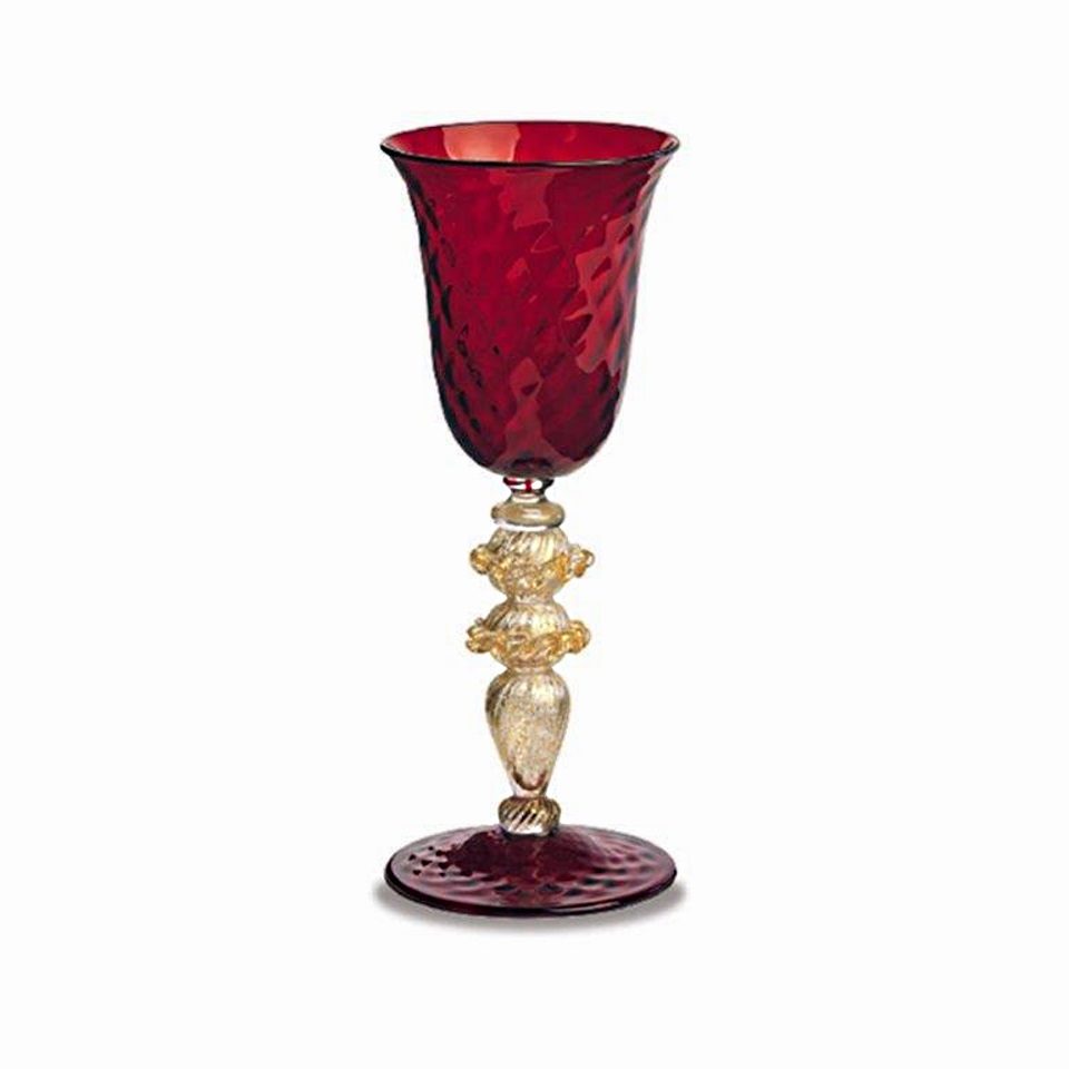 Bicchiere tipetto vetro di Murano rosso gambo oro